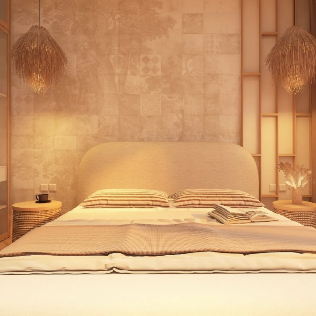 Dormitor în tonuri calde, amenajat de AMAR Design Studio